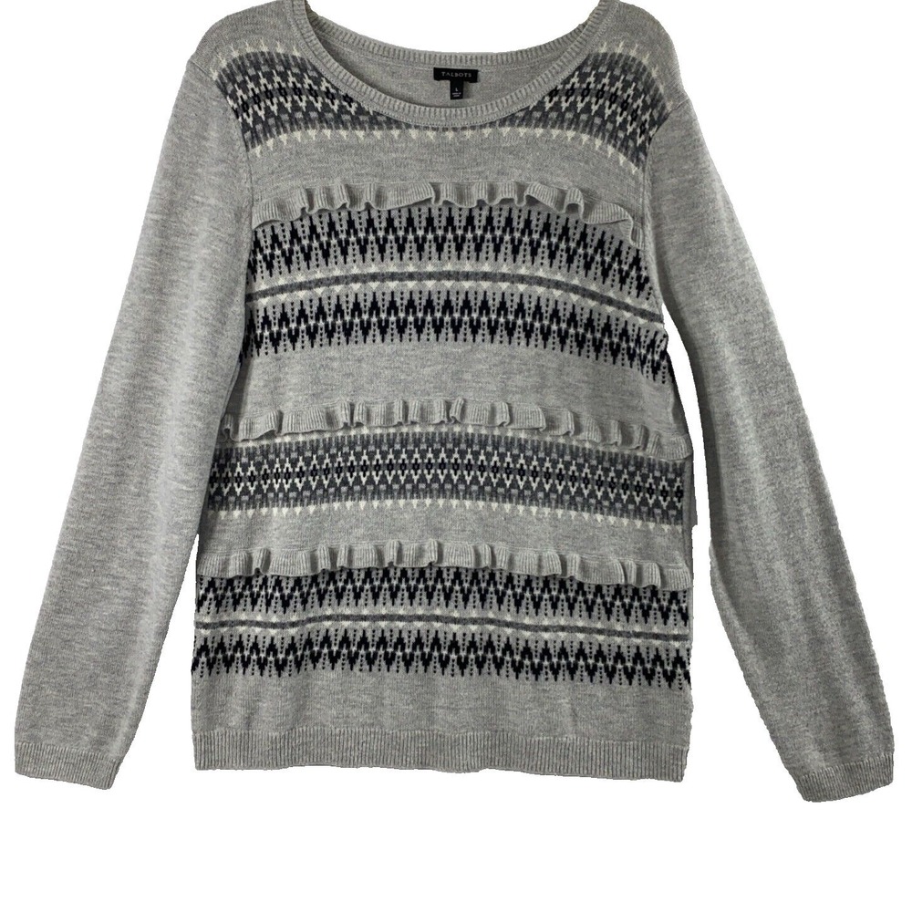 Talbots Lambswool Blend Sweater Womens‎ Large Gray Black Ruffle Front Pullover
